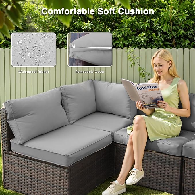 Patio Furniture Set 14 Pieces with 44" Fire Pit Table, Rattan Outdoor Sectional Conversation Sets, All Weather Outdoor Furniture Set with Cushions for Garden Lawn Balcony Porch Deck Grey