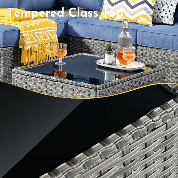 Weaxty 7 Pieces Outdoor Patio Furniture Set,Wicker Sectional Sofa Couch with Thicken Cushion and Glass Coffee Table,All Weather Rattan Patio Conversation Sets for Porch,Poolside,Backyard,Denim Blue