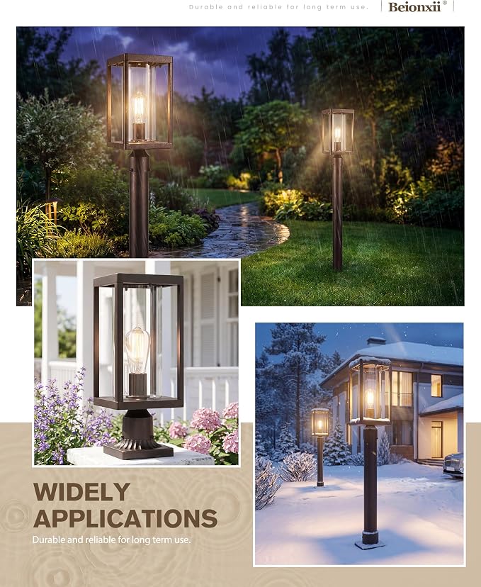 Beionxii Outdoor Post Lights, 20In Post Lantern with Pier Mount Base,Bronze | Hardwired 120V, Aluminum Exterior Lamp Post Light Fixture with Glass, Waterproof Fence Post Deck Lighting, BXA291-P-2PK-ORB