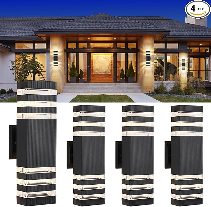 DASTOR 4 Pack Modern Outdoor Wall Lights, 15.1'' Up and Down Porch Lights, 14W 3000K Warm White Exterior Sconce Lighting Fixtures for House Garage