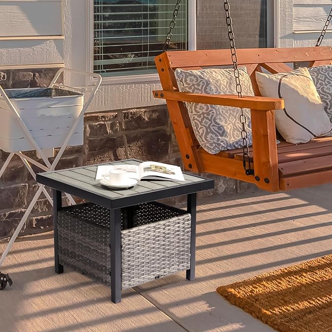 Outvita Outdoor Side Table with Umbrella Hole, Rattan Umbrella Stand Table with 1.6" Umbrella Hole for Patio Yard Balcony Porch Poolside