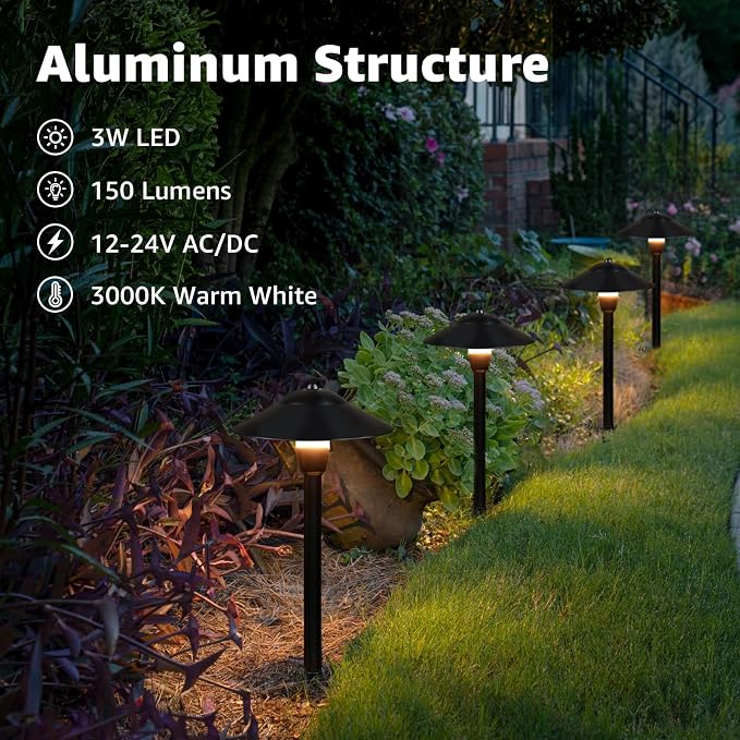 SUNVIE 3W Low Voltage Pathway Lights, 3000K Classic LED Aluminum 2-Pack | LED Landscape Path Lights, 12-24V AC/DC, IP65 Waterproof, 30in ETL Listed Wire, with Connectors, for Yard Garden Walkway