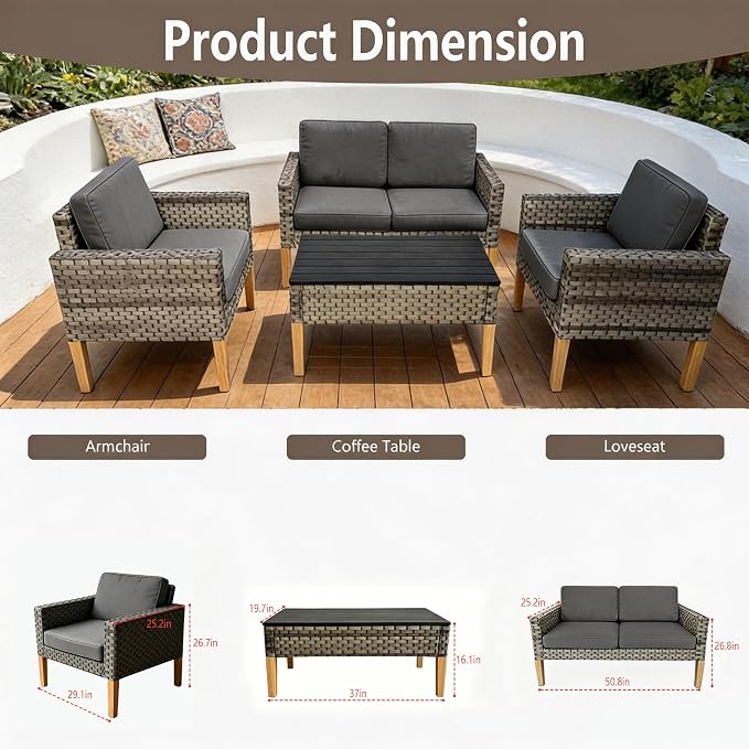 DECMICO 4 Piece Rattan Conversation Bistro Set, Outdoor Wicker Patio Furniture Set, All-Weather PE Rattan Chairs with Cushions for Backyard, Balcony, Garden, Dark Gray