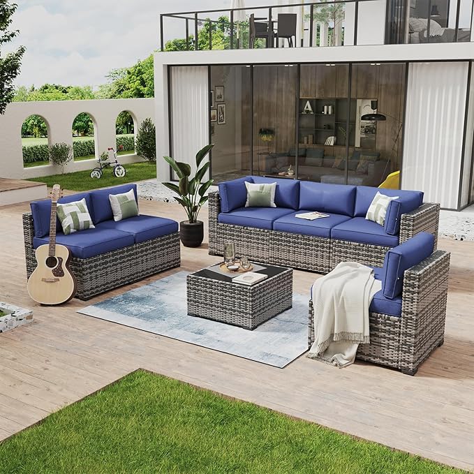Aoxun 7 Piece Patio Furniture Set Wicker Rattan Patio Conversation Set Outdoor Sectional Sofa Set with Coffee Table and Thickened Cushions, Gray/Blue