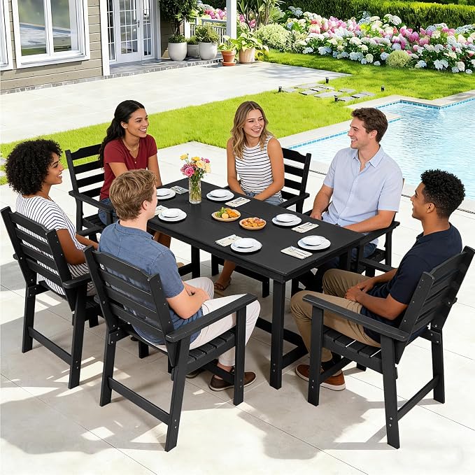 FUNBERRY Outdoor Dining Table, HDPE 6-Person Patio Table with Umbrella Hole | Wood-Grain, HDPE All Weather, No Rot or Rust or Crack, UV Fade Shield, 220LBS Weight Capacity, Easy-Clean for Outside