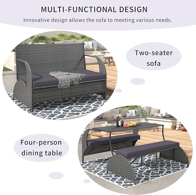 Convertible Bench Table Outdoor, 57.1" 2-in-1 Outdoor Loveseat Transforms to 4-Seat Folding Picnic Table, HDPE Wicker Iron Frame Portable Patio Furniture for Garden Backyard Lawn, Gray