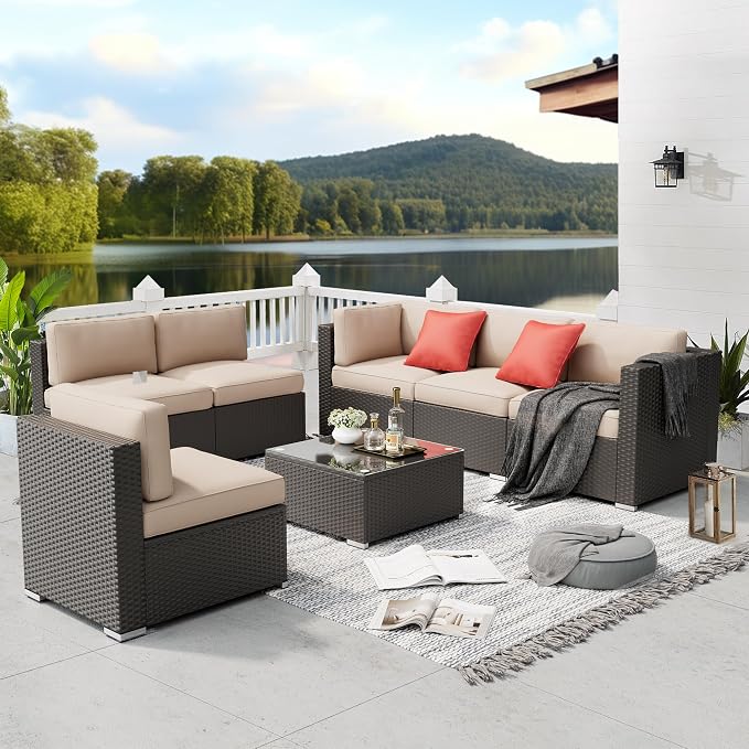 Betterland 7 Piece Outdoor Sectional Sofa Set Patio Furniture Set, All-Weather PE Black Wicker Patio Conversation Set with Washable Cushion and Glass Table(Brown Cushions)