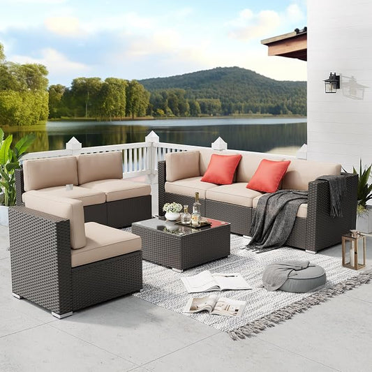 Betterland 7 Piece Outdoor Sectional Sofa Set Patio Furniture Set, All-Weather PE Black Wicker Patio Conversation Set with Washable Cushion and Glass Table(Brown Cushions)