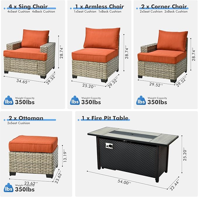 10 Pcs Outdoor Sectional Patio Furniture Set with Fire Pit Table - All Weather Wicker Modular Outside Sectional Couch,Patio Seating Outdoor Conversation Sets for Deck Yard Garden,Orange Red