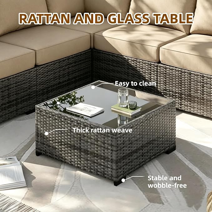 MOCHITO 5 Pcs Outdoor Patio Furniture Sets Grey Rattan Khaki Cushions | All-Weather Sectional Sofa, with Glass Table, PE Rattan Wicker Patio Furniture , Washable Cushions, for Balcony Porch Garden