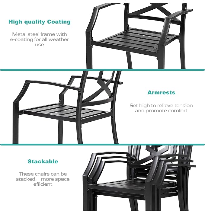 NUU GARDEN 5-Piece Outdoor Dining Set, Square Patio Table with Umbrella Hole and 4 Iron Dining Chairs, All-Weather Furniture for Garden Backyard Balcony, Black