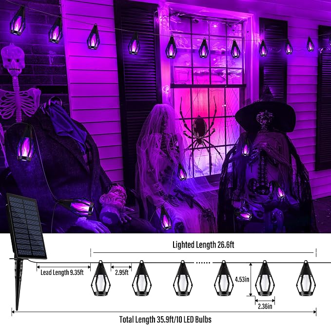 iBaycon 27FT 10 LED Solar Flame Halloween String Lights Outdoor, Purple | Ultra-Real Flickering Flame Lamp Outdoor Waterproof, Solar Patio String Lights for Garden Yard Lawn Halloween Decorations