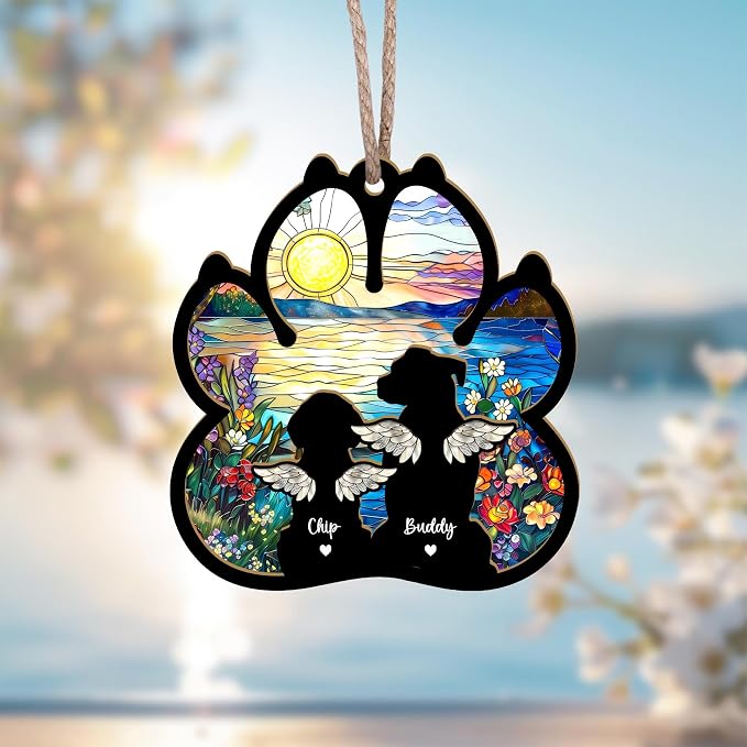 Personalized Pet Memorial Suncatcher, Custom Dog Cat Memorial Window Hanging with Photo & Name, Stained Glass Style Memorial Suncatcher, Rainbow Bridge Sympathy Gift for Pet Lovers