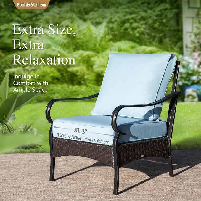 Sophia & William Patio Furniture Set with 56" Fire Pit Table, Metal Outdoor Conversation Set Patio Sectional with 3-Seater Sofas, 2 Fixed Chairs, 2 Ottomans, 1 Firepit Table for Porch Deck, Blue