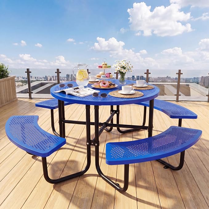 46" Outdoor Round Perforated Picnic Table Metal Camping Table with Umbrella Hole - Heavy Duty Steel Mesh Picnic Bench Set for Backyard Garden Deck, Blue