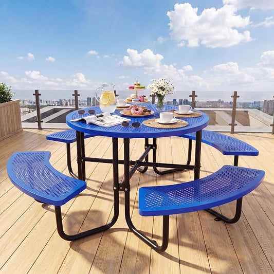 46" Outdoor Round Perforated Picnic Table Metal Camping Table with Umbrella Hole - Heavy Duty Steel Mesh Picnic Bench Set for Backyard Garden Deck, Blue