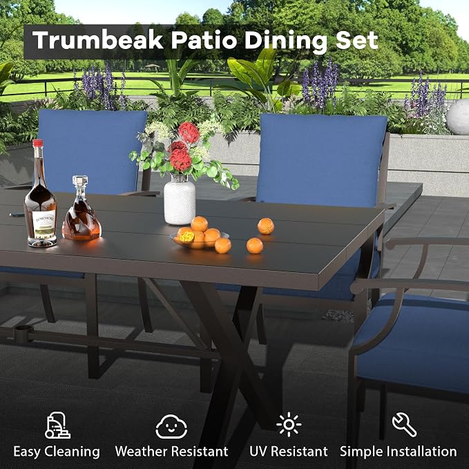 7-Piece Patio Dining Set Outdoor Conversation Set,Metal Outdoor Furniture Set with Umbrella Hole Cut-Out 78.7" x 35.4" Table and 6 Metal Backrest Chairs for Backyard,Garden,NavyBlue