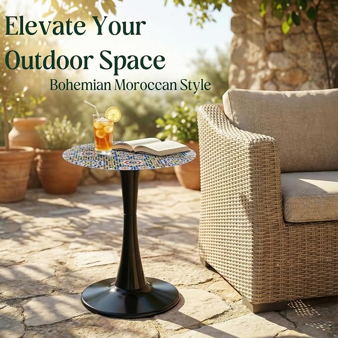 13.4" Outdoor Side Table, Round Patio Bistro Table Printed Tempered Glass Top, Waterproof Rust-Proof Base, Small Plant Stand for Balcony, Garden, Deck, 21.6" H (Morocco)