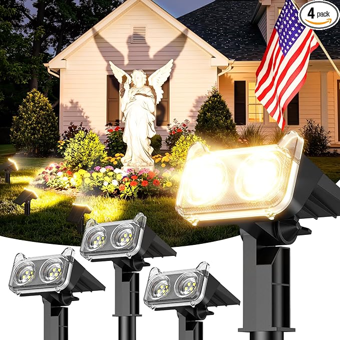 LETMY Solar Lights Outdoor Waterproof IP65, 4 Pack Solar Spot Lights Outdoor with 14 Big LEDs, 2-in-1 Wall Lights & 2 Modes Solar Landscape Spotlights for Pathway Yard Decor Garden Gifts (Warm White)