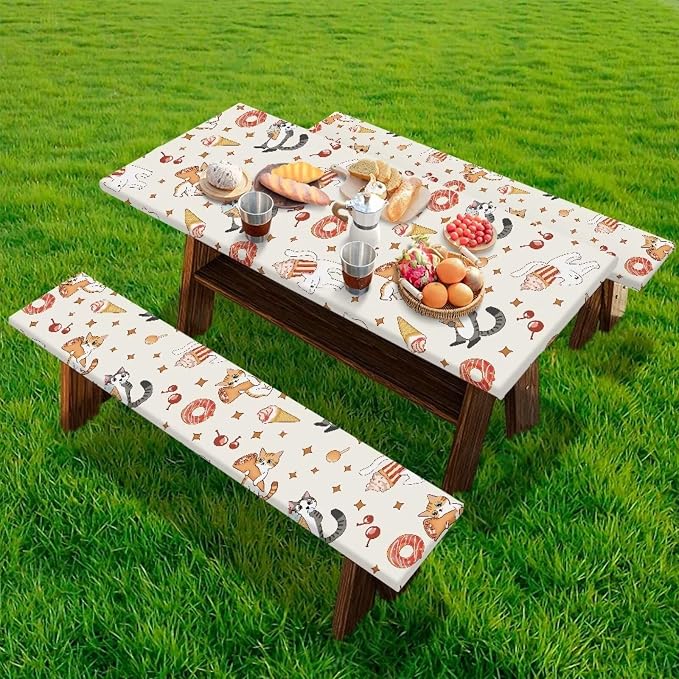 Cute Cat Table Cover with Bench Covers Washable Rectangle Table Cover Outdoor Patio Camping Essentials Picnic Table and Chair Decorative Cover Suitable for Family Gatherings Vacations