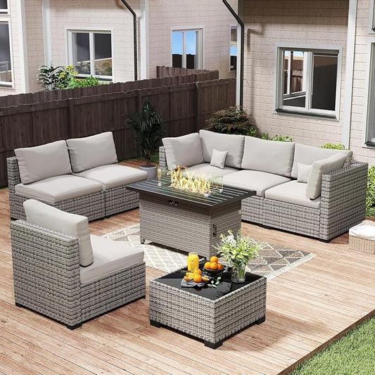 8-Piece Outdoor Patio Rattan Furniture Set, Grey Wicker Sectional Conversation Set with 50,000 BTU Propane Fire Pit Table for Garden and Patio