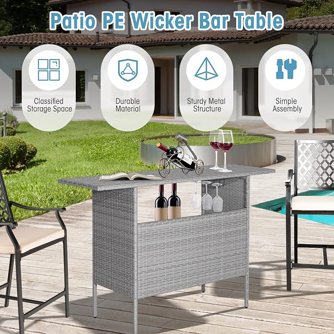 Tangkula Outdoor Wicker Bar Table, Patiojoy All Weather Patio Bar Height Table with 2 Metal Mesh Shelves & 2-Rail Steel Stemware Racks, Rattan Bar Counter Table for Backyard, Poolside (Mix Grey)