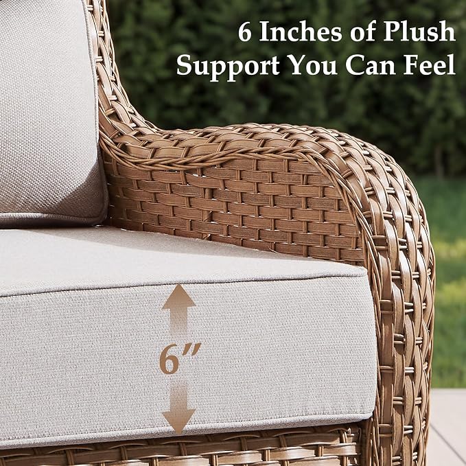 10-Piece Luxury Patio Furniture Set with 6-Inch Thick Cushions, High-Back Outdoor 4 Swivel Rocking Chairs with Wicker Side Table, All-Weather Conversation Set for Porch, Deck, Yard – Yellow/Beige