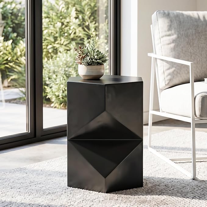 SUNBURY Outdoor Side Table, 18" Hexagon End Table Gloss Finish w Geometric Pedestal, Patio Concrete Accent Table Modular Design Decor, Lightweight Garden Stools for Balcony, Porch, Living Room, Black