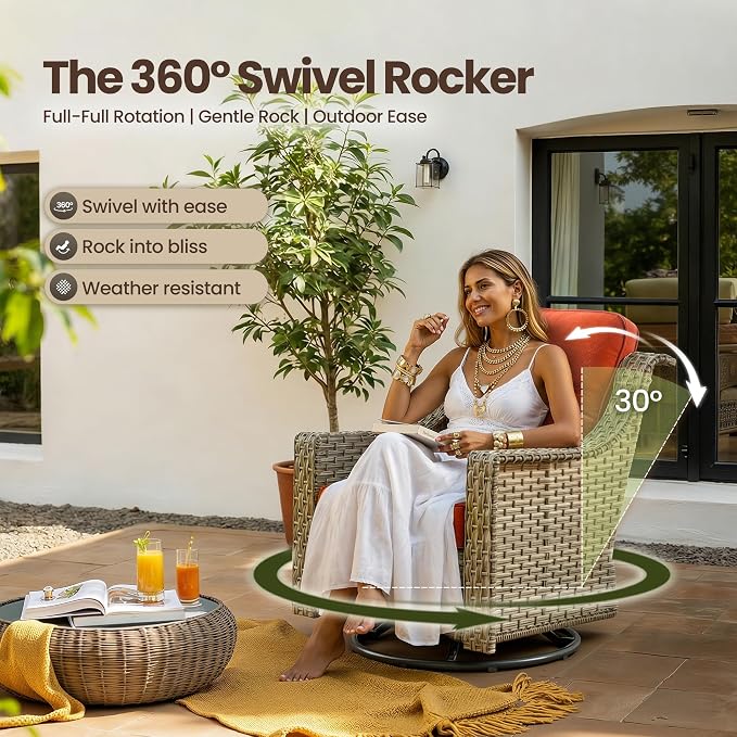 5 PCS Patio Conversation Set, All-Weather Rattan Wicker Outdoor Patio Furniture Sets with High Back Swivel Rocker Chair, Solar Light Coffee Table for Porch,Backyard,Balcony,Orange