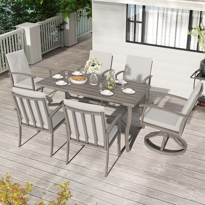 HAPPATIO Outdoor Dining Table for 6, Aluminum Rectangle Outdoor Dining Table with Umbrella Hole, All-Weather Aluminum Patio Dining Table for Garden Yard Poolside, Only Table, Grey