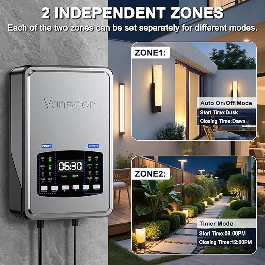 Vansdon 300W Low Voltage Landscape Transformer,2 Zone,120V AC to 12/14V AC | Photocell Sensor & Timer,Circuit protection & Memory function,5 modes,Weatherproof,for Pathlight,Spotlight,ETL Listed