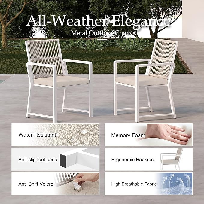 Outdoor Patio Wicker Rattan Dining Chairs, Heavy-Duty Wrought Iron Frame Supports 400lbs, Ergonomic Backrest, Detachable Breathable Cushion, for Garden & Porch, White, Set of 2