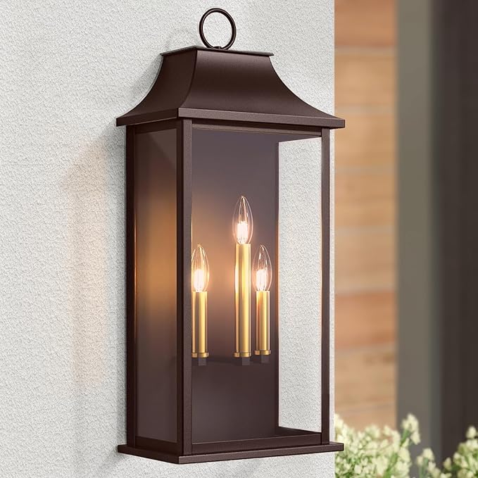 Dusk to Dawn Outdoor Wall Light, 25.3", Oil Rubbed Bronze | 3-Light, Large Outdoor Light Fixture, Waterproof Exterior Wall Lantern, For House Porch Patio
