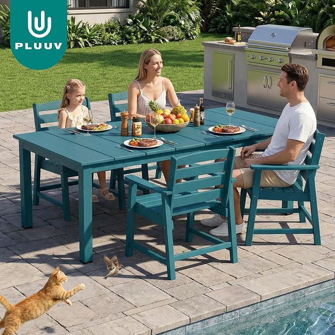 PLUUV 5-Piece Patio Dining Set, Hdpe Outdoor Patio Furniture Set with Aluminum Table Legs & Umbrella Hole, All-Weather Resistant Patio Table Set for Garden, Backyard, 4 Chairs & 1 Table, Navy Blue