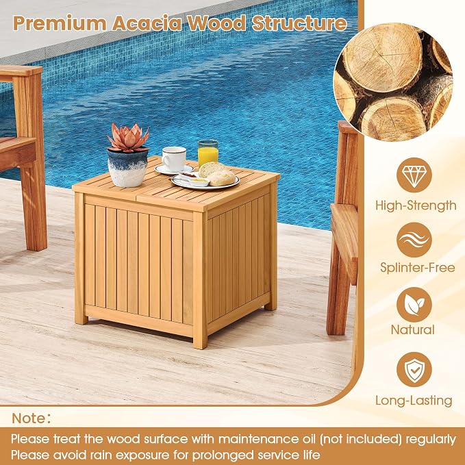 Tangkula 2-in-1 Outdoor Side Table with Storage, Acacia Wood Slatted Coffee Table with Umbrella Hole & Removable Base, Square Slatted End Storage Box for Backyard, Poolside