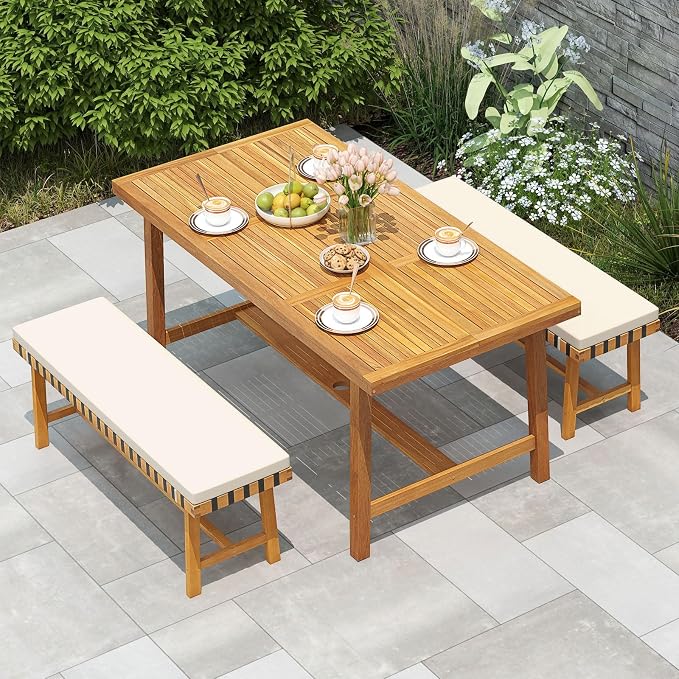 Tangkula 3 Piece Patio Dining Set for 4 People, 63” Outdoor Acacia Wood Rectangular Table with 1.97” Umbrealla Hole & 2 Cushioned Bench, for Deck Yard and Poolside