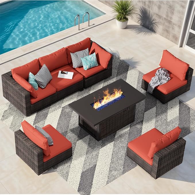 Patio Furniture Set with Fire Pit Table, Outdoor Sectional Rattan Sofa Set, Patio Set Seating Furniture with Thickened Cushions (Red, 7 Pieces)
