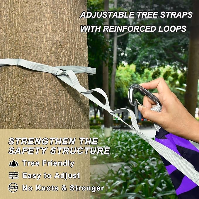 Purple Black Print Camping Hammock, 330lbs Load Capacity, Comfortable Portable Hammock with Tree Straps for Outdoor, Backyard, Beac