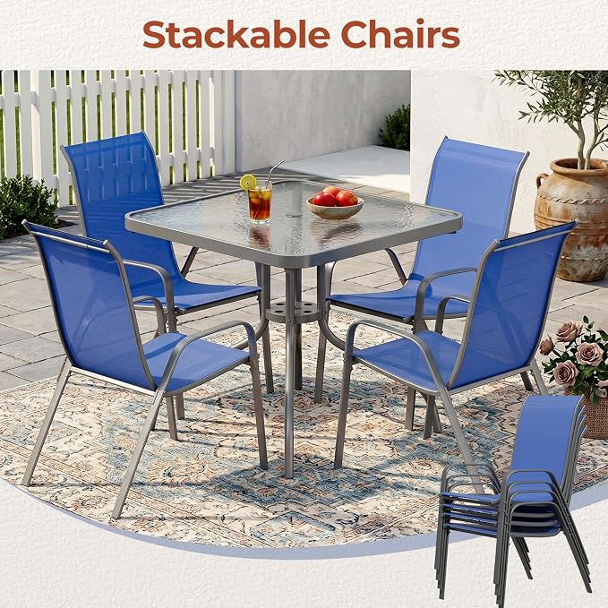 TLSUNNY Patio Dining Set 5 Pieces, All Weather Outdoor Furniture W/30"X 30" Table and 4 Stackable Textilene Chairs, Metal Table and Chairs for Lawn, Garden, Poolside, Backyard (Umbrella not Included)