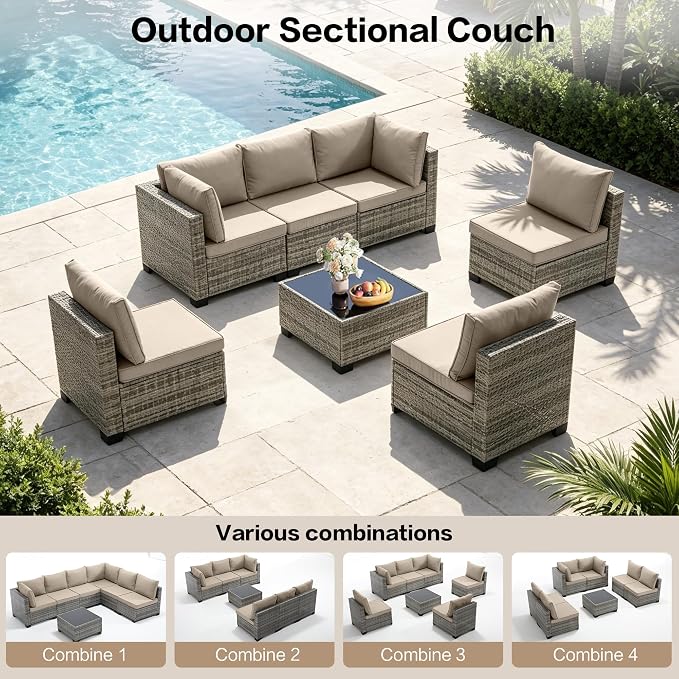 7-Piece Outdoor Patio Furniture Set, Gray PE Rattan Sectional Sofa with Dark Khaki Cushions and Steel Frame, Coffee Table Included, Modular Outdoor Conversation Set for Patio Garden Poolside