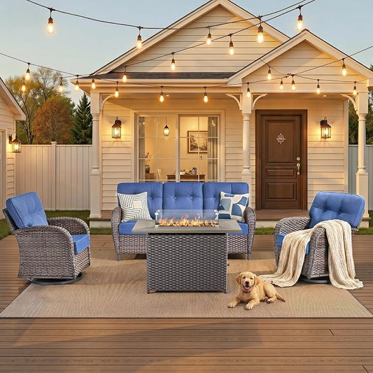 4-Piece Luxury Patio Furniture Set with Fire Pit Table, Weather Resistant Rattan High Back Swivel Rocker Chairs Senior Friendly Conversation Set for Small Porch Deck Sunroom Brown/Blue