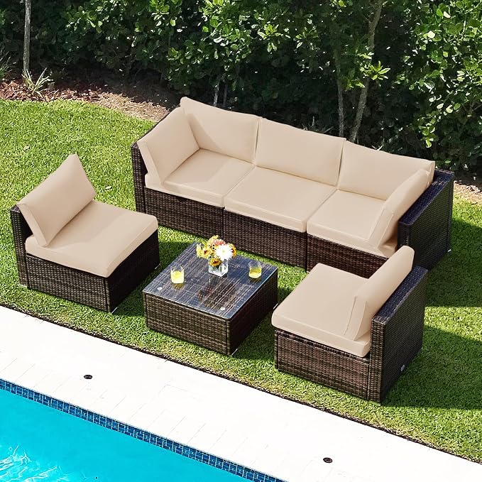Tangkula 6 Pieces Patio Furniture Set, Outdoor Wicker Conversation Set with Glass Coffee Table, Wicker Sofa Set with Back & Seat Cushions, Rattan Sectional Conversation Set for Backyard Garden