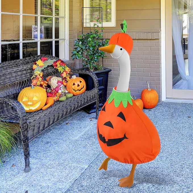 Halloween Goose Outfit Pumpkin Goose Costume Cute Goose Clothes Porch Goose Outfits for Cement Goose Halloween Outdoor Patio Yard Lawn Statueart Goose Duck Decoration