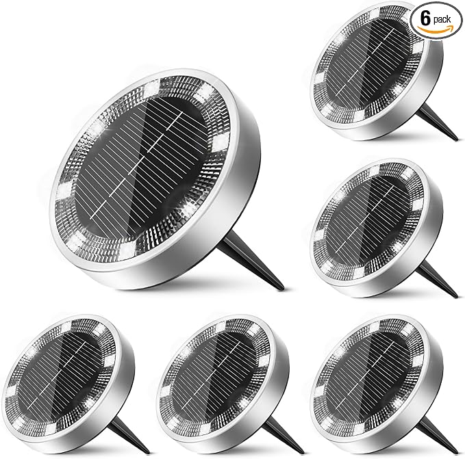 6 Pack Solar Lights Outdoor Waterproof, 8 LED Solar Ground Lights | Flat Solar Disc Light Landscape Lighting for Pathway Garden Yard Walkway Driveway Lawn, Cool White