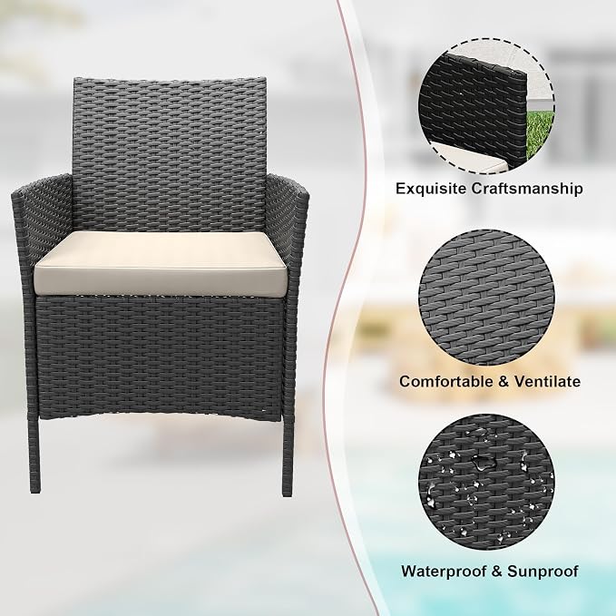 3-Piece Patio Conversation Set – Modern Outdoor PE Rattan Sofa, Glass Coffee Table, Soft Cushions – Ideal for Balcony, Porch, Poolside – Black Rattan/Ivory Seat Cushion