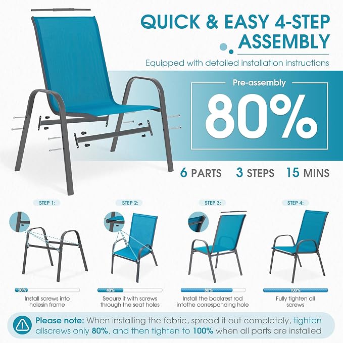 24.4" Wide Outdoor Stackable Chairs Set of 8, Stacking Patio Chairs with Textilene Fabric, Outside Furniture for Garden Backyard Balconie Poolside Deck, Blue