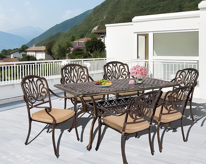 TITIMO 7-Piece Cast Aluminum Patio Dining Set, Outdoor Dining Furniture Patio Conversation Set, Rectangular Table w/Umbrella Hole for Backyard Deck Poolside (Khaki-Fixed Elizabeth Chair, 7 Pcs)