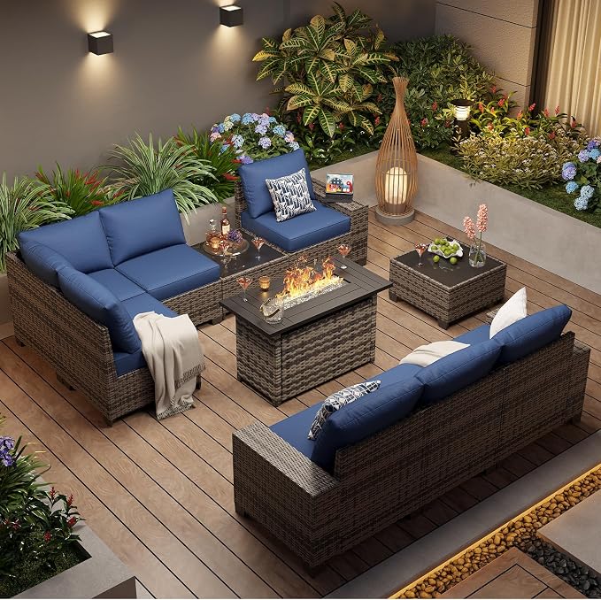 Aoxun 10-Piece Sectional Sofa with 44" Fire Pit, 4" Thicken Cushion, Widen Armrests Wicker for Backyard with Coffee Table, Blue