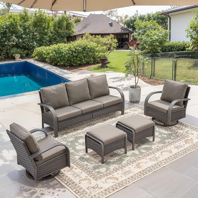 Belord 5-Piece Outdoor Patio Furniture Set All-Weather Wicker Couch with Swivel Rocker Outdoor Chairs and Multi-Functional Ottomans, Patio Conversation Set for Backyard Garden Balcony