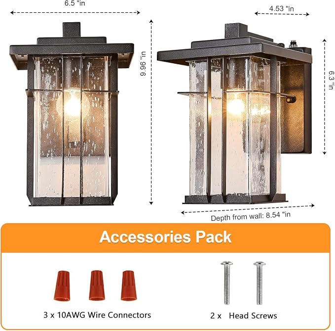 Dusk to Dawn Outdoor Wall Light 2 Pack Outside Wall Lamp Sensor Exterior Light Fixtures Wall Mount 10"H Garage Light Outdoor IP65 Porch Light with Seeded Glass Exterior Wall Sconces for House Patio